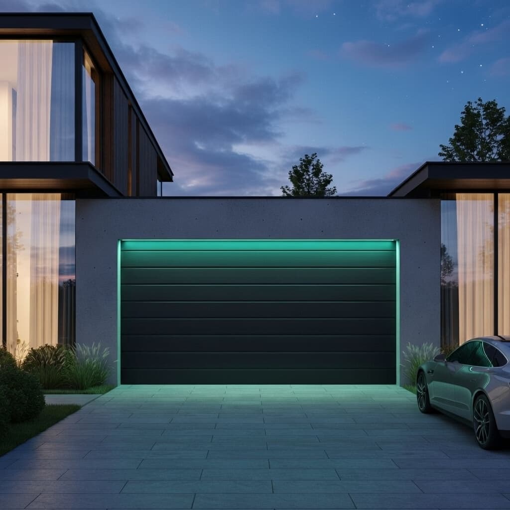 Modernes Garagentor mit grüner LED-Beleuchtung bei Nacht